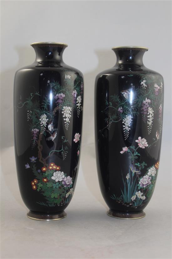 A pair of Japanese silver wire cloisonne enamel vases, Meiji period, 24.5cm, slight damage to enamel